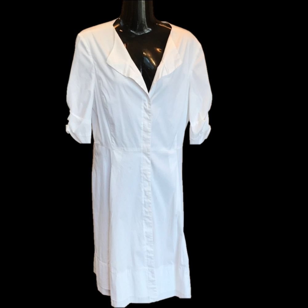 Tahari Button Up White Cotton Shirt Dress Short Sleeve with Ruffle -Missing Belt